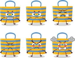 playa bolso dibujos animados personaje con varios enojado expresiones vector