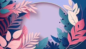 Pink and blue Foliage decorative frame in flat style Various abstract tropical leaves on a dark background. . photo