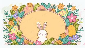 Happy easter greeting card in doodle flat style with egg and minimalistic flat color flowers. Empty Space for your greeting text. . photo