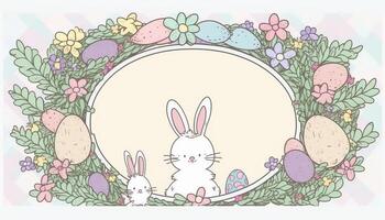 contento Pascua de Resurrección saludo tarjeta en garabatear plano estilo con huevo y minimalista plano color flores vacío espacio para tu saludo texto. generativo ai. foto