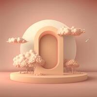 Biege 3d round podium with cloud. Empty space for text. . photo