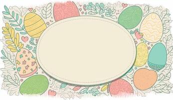 contento Pascua de Resurrección saludo tarjeta en garabatear plano estilo con huevo y minimalista plano color flores vacío espacio para tu saludo texto. generativo ai. foto