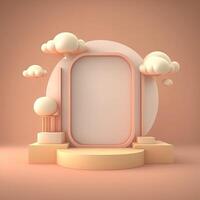 Biege 3d round podium with cloud. Empty space for text. . photo