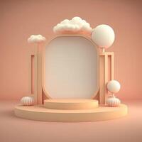 Biege 3d round podium with cloud. Empty space for text. . photo