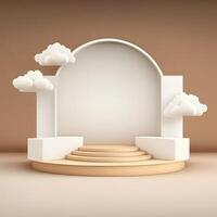 Biege 3d round podium with cloud. Empty space for text. . photo