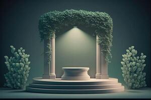 Dark Scene with geometric shapes leaves. 3D stage for displaying a product. photo