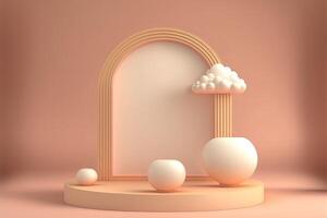 Biege 3d round podium with cloud. Empty space for text. . photo