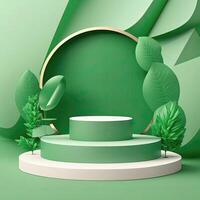 Green background with round black podium for product display. Abstract 3d scene with geometric forms, palm branches and falling leaves. photo