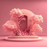 Podium with cherry blossoms. abstract pink decoration 3D style. photo