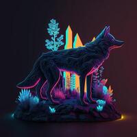 stylized wolf illustration. Diorama. Futuristic neon color . photo