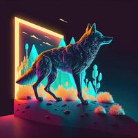 stylized wolf illustration. Diorama. Futuristic neon color . photo