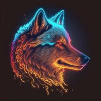 Abstract, colorful, neon portrait of a wolf's head on a black background.. . photo