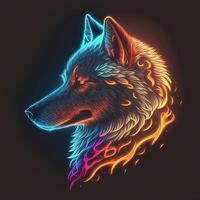 Abstract, colorful, neon portrait of a wolf's head on a black background.. . photo