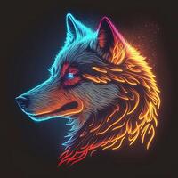 Abstract, colorful, neon portrait of a wolf's head on a black background.. . photo