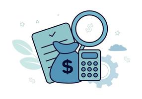 Finance. Vector illustration of audit. Money bag with a dollar sign, near it a calculator, a magnifier, a document, against the background of a gear wheel, leaves, cloud, star