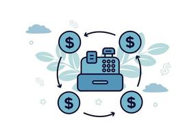 Finance. Vector illustration of settlement transactions. The cash register, around which the turnover arrows, between them are dollar coins, against the background of plants, clouds, stars