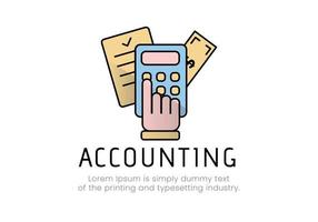 Finance. Vector illustration logo accounting. Hand on a calculator, behind it is a document and a bill, bottom of the inscription accounting