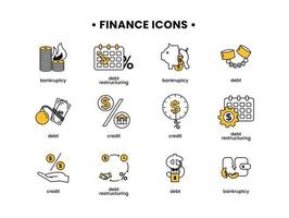 Finance. Vector illustration set of icons debt, debt restructuring, bankruptcy, credit.