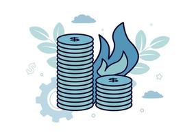 Finance. Bankruptcy. Fire near stacks of dollar coins, inscription bankruptcy. Vector illustration