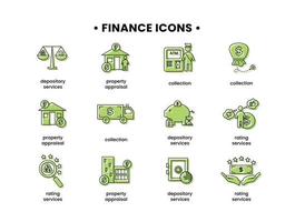 Finance. Vector illustration set of icons depository services, property appraisal, rating services, collection.