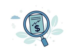 Finance. Vector illustration of audit. A document in a magnifier glass, on which there is a dollar sign and a broken down arrow, against a background of plants, clouds, stars