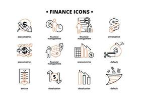 Finance icons set. Vector illustration of financial management, econometrics, devaluation, default. A dollar sign, next to which is the silhouette of a man, followed by an up arrow.