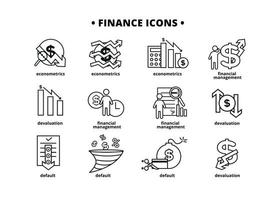 Finance icons set. Vector illustration of financial management, econometrics, devaluation, default. A dollar sign, next to which is the silhouette of a man, followed by an up arrow.