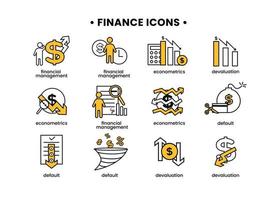 Finance icons set. Vector illustration of financial management, econometrics, devaluation, default. A dollar sign, next to which is the silhouette of a man, followed by an up arrow.