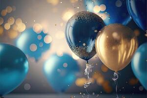 Realistic Festive background wit golden and blue balloons falling confetti blurry background and a bokeh lights. photo