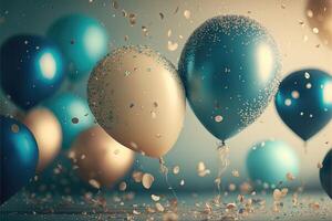 Realistic Festive background wit golden and blue balloons falling confetti blurry background and a bokeh lights. photo