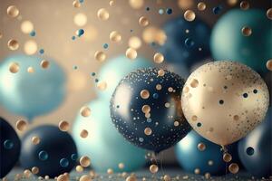 Realistic Festive background wit golden and blue balloons falling confetti blurry background and a bokeh lights. photo