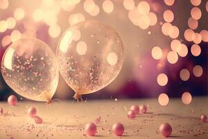 Holiday greeting background with pink and gold balloons blurred background and confetti. . photo