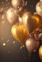 Romantic background with golden balloons in the form of hearts, confetti. Greeting card for Saint Valentine or anniversary. photo