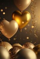 Romantic background with golden balloons in the form of hearts, confetti. Greeting card for Saint Valentine or anniversary. photo