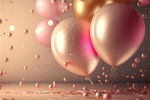 Holiday greeting background with pink and gold balloons blurred background and confetti. . photo