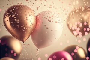 Holiday greeting background with pink and gold balloons blurred background and confetti. . photo