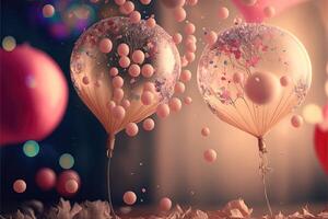 Holiday greeting romantic background balloons blurred background and confetti. . photo