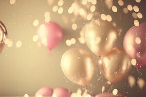 Holiday greeting background with pink and gold balloons blurred background and confetti. . photo