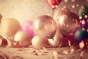 Holiday greeting background with pink and gold balloons blurred background and confetti. . photo