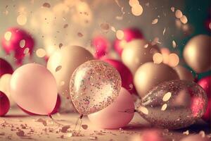 Holiday greeting background with pink and gold balloons blurred background and confetti. . photo