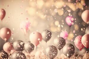 Holiday greeting background with pink and gold balloons blurred background and confetti. . photo