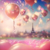 Festive background for Valentines Day with balloons and confetti. photo