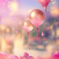Festive background for Valentines Day with balloons and confetti. photo