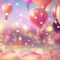 Festive background for Valentines Day with balloons and confetti. photo