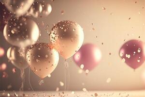 Holiday greeting background with pink and gold balloons blurred background and confetti. . photo