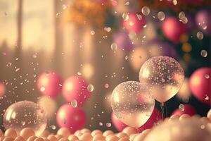 Holiday greeting background with pink and gold balloons blurred background and confetti. . photo