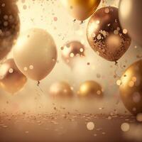 Festive luxury background with golden inflatable balloons, confetti, blurred background with bokeh effect. photo