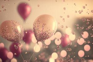 Holiday greeting background with pink and gold balloons blurred background and confetti. . photo