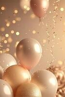 Festive luxury background with golden inflatable balloons, confetti, blurred background with bokeh effect. photo