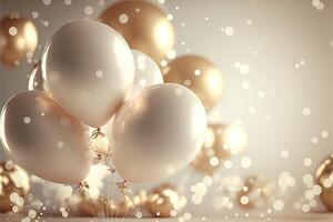 Festive luxury background with golden inflatable balloons, confetti, blurred background with bokeh effect. photo